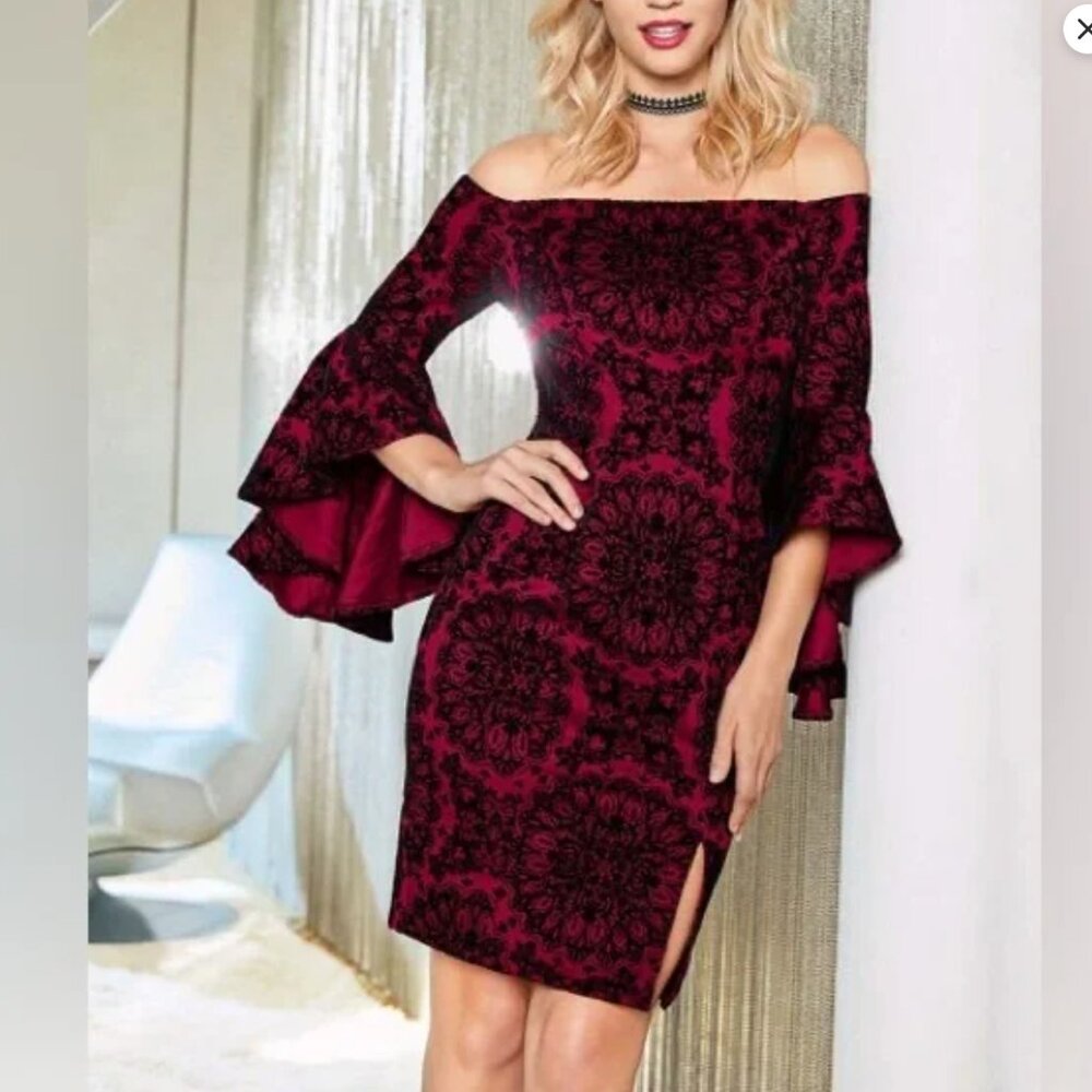 VENUS Off Shoulder Ruffle Wine Color with Black Velvet Design